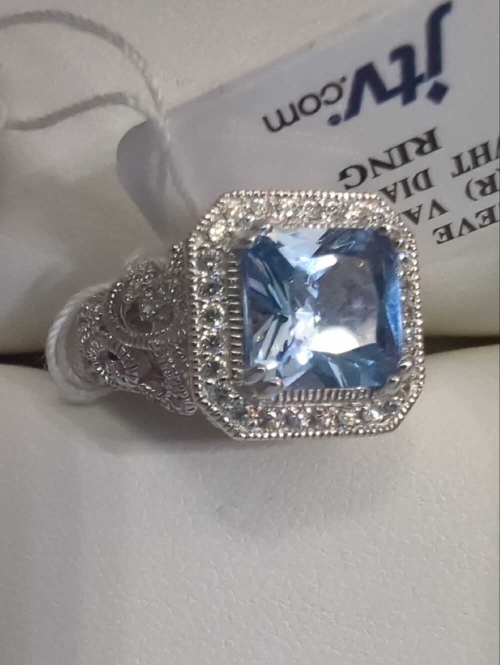 JTV Platineve-Style Blue Square Gem Halo Ring Vanna k Bella luce - Picture 7 of 7